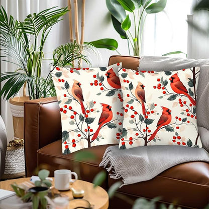 Red Cardinal Bird Throw Pillow Covers 18x18 Set of 2, Home Decorative Cushion Cases for Couch, Sofa, Bed and Living Room, Berry Decor Pillowcases for Spring, Summer, Autumn and Winter