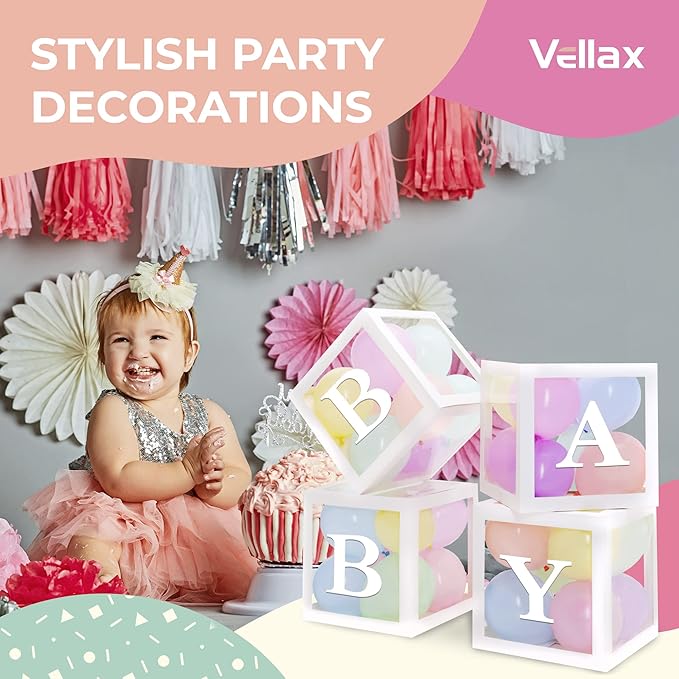 Baby Shower Boxes with Letters – White Boxes with Pastel Pink, Blue, Yellow, and Green Balloons – 44-Piece Gender Reveal & Party Decoration Set by Vellax