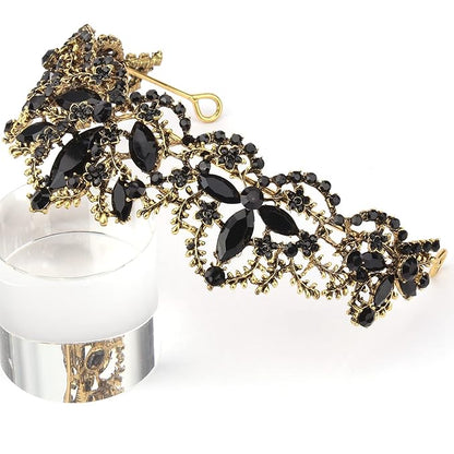 Black Tiara for Women Gold Crown for Girls Wedding Princess Birthday Crystal Rhinestones Headbands for Prom Bridal Party Halloween Costume Christmas Gift