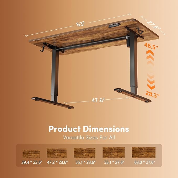 FEZIBO Standing Desk, 63×28 Inches Electric Height Adjustable, Sit Stand Up, Computer Office Desk with Splice Board, Black Frame/Rustic Brown TOP