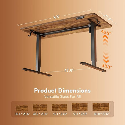 FEZIBO Standing Desk, 63×28 Inches Electric Height Adjustable, Sit Stand Up, Computer Office Desk with Splice Board, Black Frame/Rustic Brown TOP