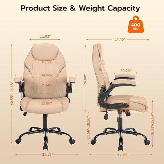 Office Desk Chair, Ergonomic Computer Chair with Padded Flip-Up Arms and Adjustable Lumbar Support, PU Leather Executive Chair with Tilt Lock and 360° Swivel Rolling Wheels for Work, Study