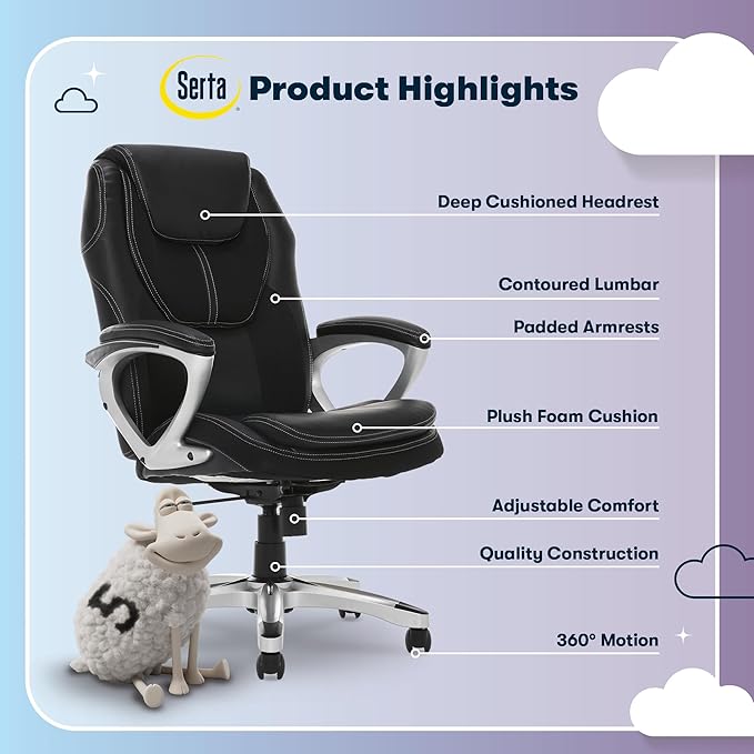 Serta Amplify Executive Office Chair with Faux Leather and Mesh, Adjustable Ergonomic Comfy Seat with Lumbar Support, Modern Computer DeskChairs, Swivel Rolling Wheels, Black