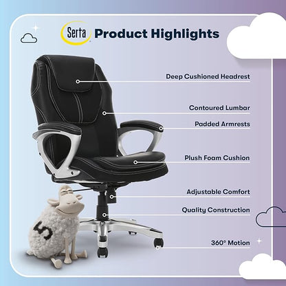 Serta Amplify Executive Office Chair with Faux Leather and Mesh, Adjustable Ergonomic Comfy Seat with Lumbar Support, Modern Computer DeskChairs, Swivel Rolling Wheels, Black
