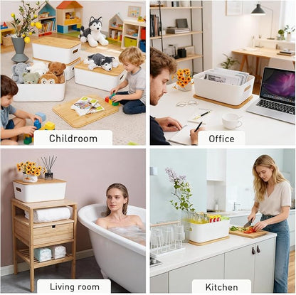Citylife Storage Bins with Bamboo Lids 13QT Plastic Storage Containers Stackable Organizer Boxes with Handle for Desk Snacks, Toys, 2 PCS, 14" L x 10.6" W x 6.18" H