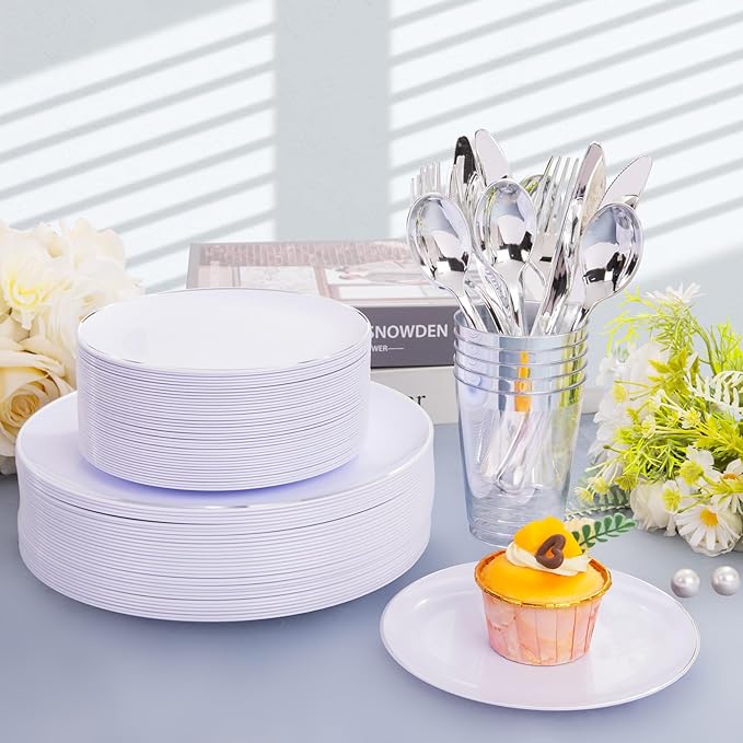 KIRE 350 PCS Plastic Dinnerware Set for 50 Guests, Silver Plastic Plates Include 50 Dinner, 50 Dessert Plates, 50 Pre Rolled Napkins with Silverware, 50 Cups for Wedding, Party, Banqet, Christmas
