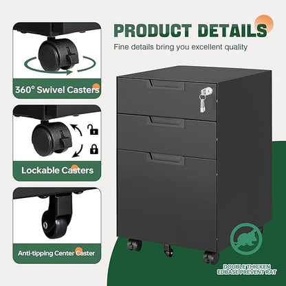 Letaya 3 Drawer Mobile File Cabinet with Lock,Under Desk Metal Small Filing Cabinets for Home Office Organizer Letters/Legal/A4(Fully Assembled Except Wheels-Black)