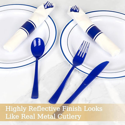 50 Pack Pre Rolled Blue Plastic Silverware Set,Wrapped Plastic Cutlery Set with Napkin Include 50 Forks,50 Spoons,50 Knives and 50 White Napkins for Party,Wedding,Christmas