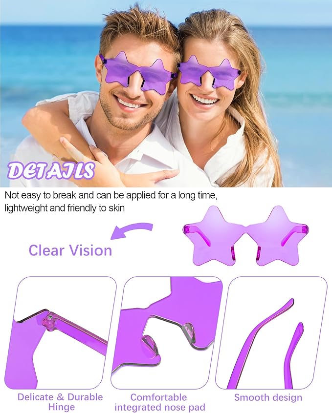 20 Pairs Rimless Star Sunglasses Bulk Transparent Candy Color Star Glasses for Women Men Party Favors