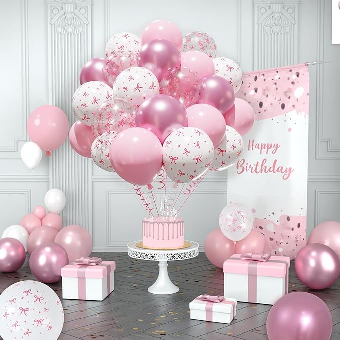 Patimate Pink Bow Balloons Set, 50 pcs 12 inch Metallic Pastel Pink White Transparent Bow Print Balloons Kit for Coquette Birthday Baby Shower for Girls Women Wedding Bridal Shower Party Decorations