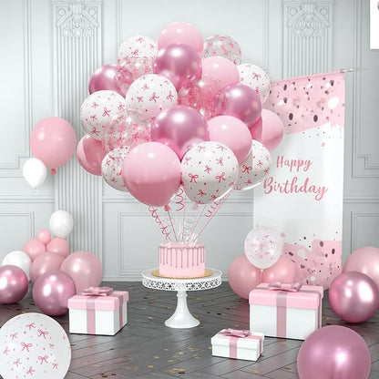 Patimate Pink Bow Balloons Set, 50 pcs 12 inch Metallic Pastel Pink White Transparent Bow Print Balloons Kit for Coquette Birthday Baby Shower for Girls Women Wedding Bridal Shower Party Decorations