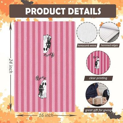 Black Cat Halloween Kitchen Towels, Cat Lover Mom Lady Gifts Dish Tea Towels for Kitchen Decor, Pink Striped Halloween Ghost Decorative Hand Towel for Bathroom, 16x24 Inches