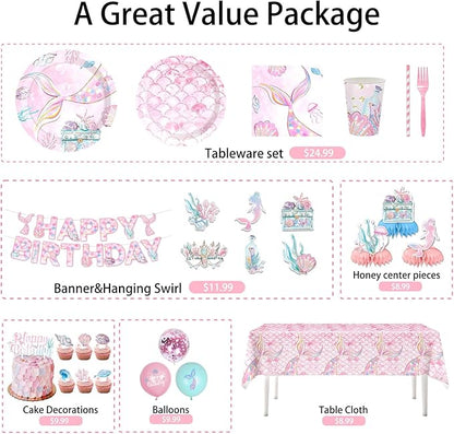 175PCS Mermaid Party Decorations, Mermaid Theme Party Supplies Plates and Napkins Set, Tableware,Banner, Hanging Swirls, Tablecloth, Balloon,Cake Cupcake Topper,Honeycomb Centerpiece Baby Shower