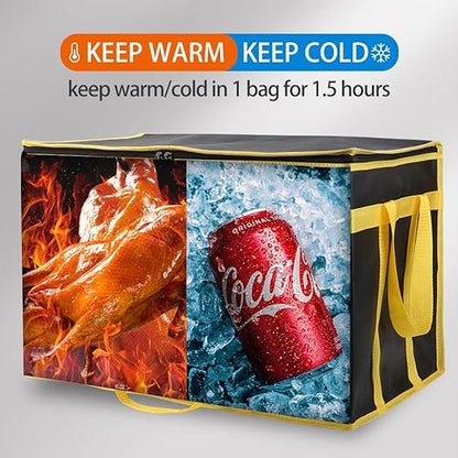 Bodaon Insulated Food Delivery Bag, XXXL Pizza Delivery Bags for Hot and Cold Food, Commercial, Large Capacity Reusable Warming Bag, Catering Cooler Bag for Catering (Black-Yellow Edge, 1Pk)