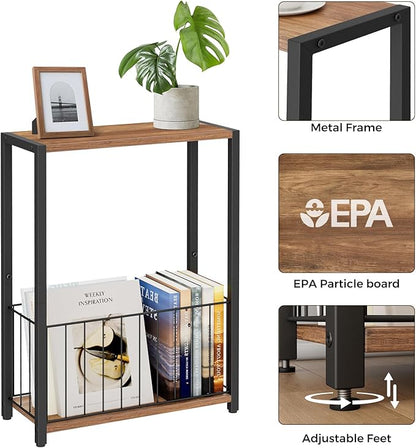 Narrow Side Table with Magazine Holder, Skinny End Table Perfect for Small Spaces, Space-Saving Design for Living Room, Bedroom, or Office, 7.1" D x 16.9" W x 23.6" H, Rustic Walnut