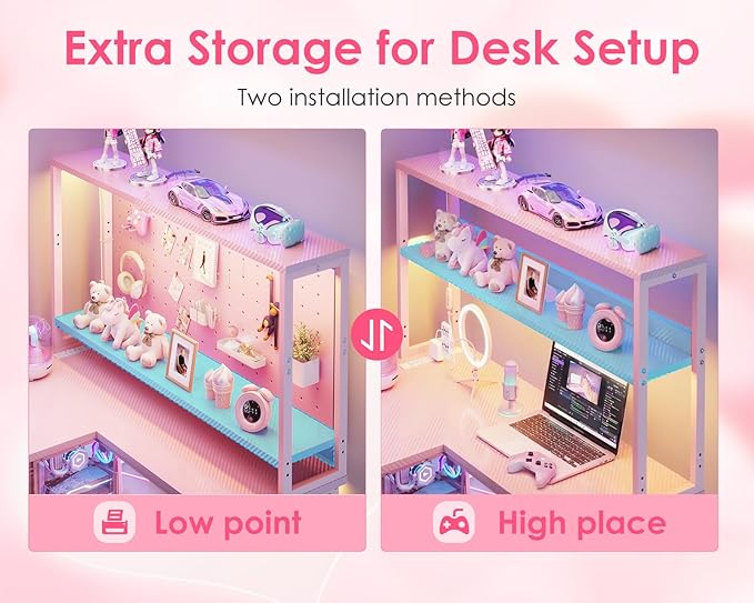 AODK L Shaped Desk Gaming Desk with LED Light & Power Outlet, 53 Inch Reversible L Shaped Computer Table with Shelf & Storage Bag & Hook for Home Office, Pink