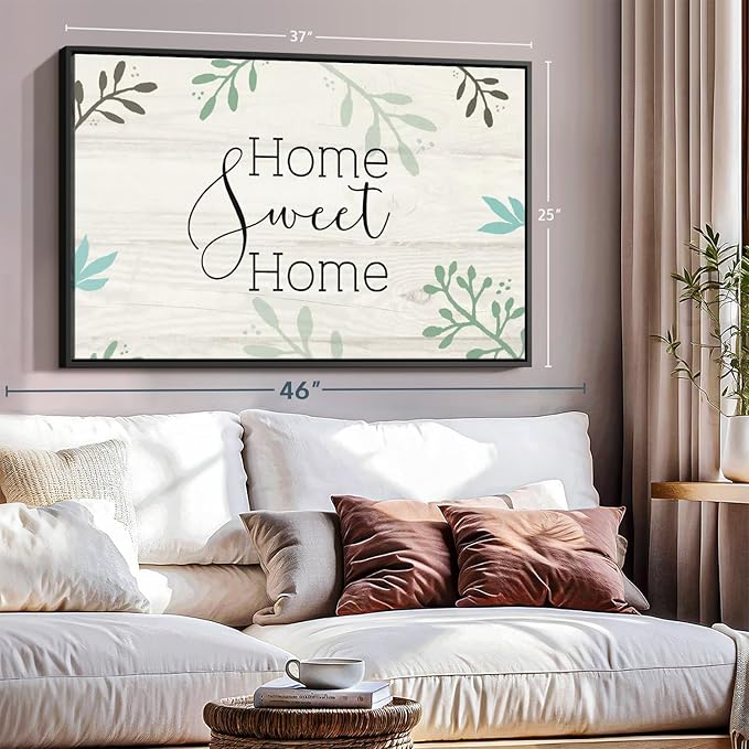 Elephant Stock Home Sweet Home Foliage Wall Art - Horizontal Floating Framed Canvas - 1-Piece Living Room Wall Decor - Leaf Digital Art Canvas Print - Beige and Black Decor for Wall by Susan Jill - 37" X 25"