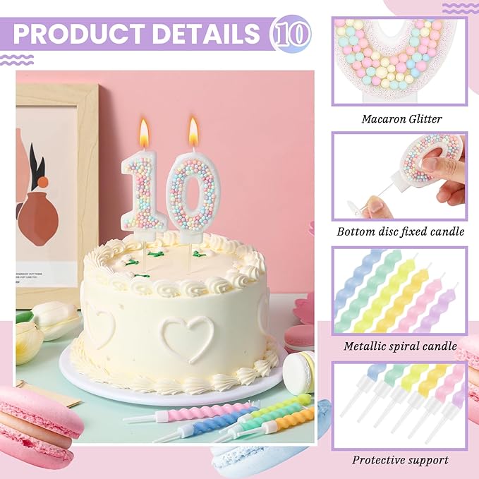 MTLEE Number 10 Birthday Candle with 12 Pcs Spiral Candles for Girls Macaron Pastel Rainbow Unicorn Pink Cake Topper for Sweet Theme Party Decoration