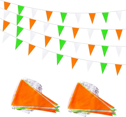 100 Feet 60 Pcs Green White and Orange Pennant Banner Flag String Hanging Triangle DIY Flag, Bunting Streamer Decorations for Grand Opening, Birthday, Wedding Celebration (Green White & Orange)