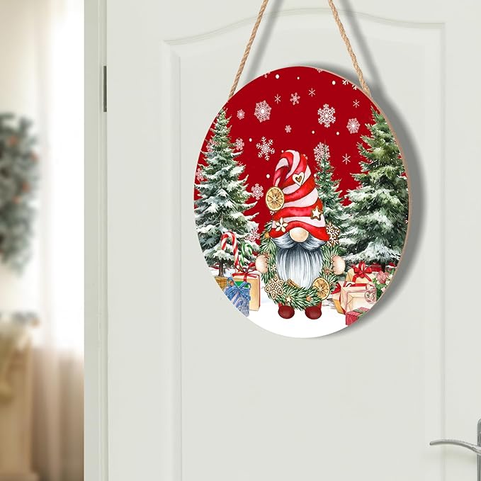 Christmas Gnome Welcome Sign - Merry Christmas Door Hanger, 12'x12' Wooden Hanging Sign for Front Door, Porch Decor, Winter Wreath