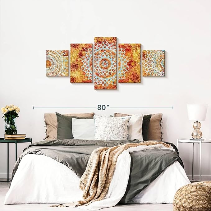 ElephantStock - Sun Like Mandala Symbols Wall Art - Horizontal Multi Panel Canvas - 5 Piece Living Room Wall Decor - Digital Art Elements Multi Piece Wall Art - Orange And Blue Decor - 68" x 30"