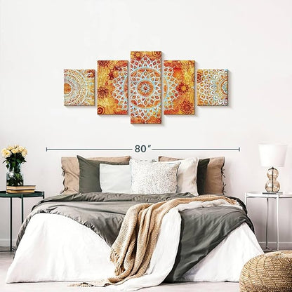 ElephantStock - Sun Like Mandala Symbols Wall Art - Horizontal Multi Panel Canvas - 5 Piece Living Room Wall Decor - Digital Art Elements Multi Piece Wall Art - Orange And Blue Decor - 68" x 30"