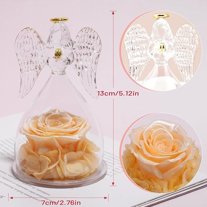 Miofula Preserved Flower Rose Birthday Gifts for Mom, Angels Figurines with Forever Real Rose Gifts for Women Mom Grandma, Angels Gifts for Valentines Anniversary Mothers Day (Pearlescent Champagne)