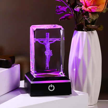 Movdyka 3D Jesus Cross Crystal Figurine with Colorful LED Light Base - Religious Night Light, Perfect Christian Gift for Women Men Christmas, Easter & Home Decor