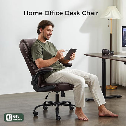 Office Chair, Executive PU Leather Chair, Ergonomic Computer Desk Chair with Lumbar Support and Adjustable Flip-Up Arms, Rocking Task Chair (Brow