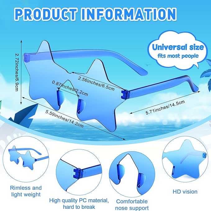 10/20/30/40 Pack Star Sunglasses Rimless Transparent Pentagram Shaped Sunglasses Bulk Party Favor Glasses for Women (20, Blue)