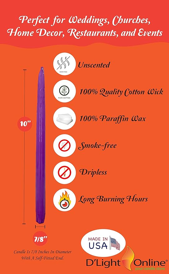 D'light Online Elegant 10" Unscented Purple Taper Candles, Premium Quality Hand-Dipped Tapered Candles, Dripless Tapers and Smokeless - Individually Wrapped (10 Inch, Purple)