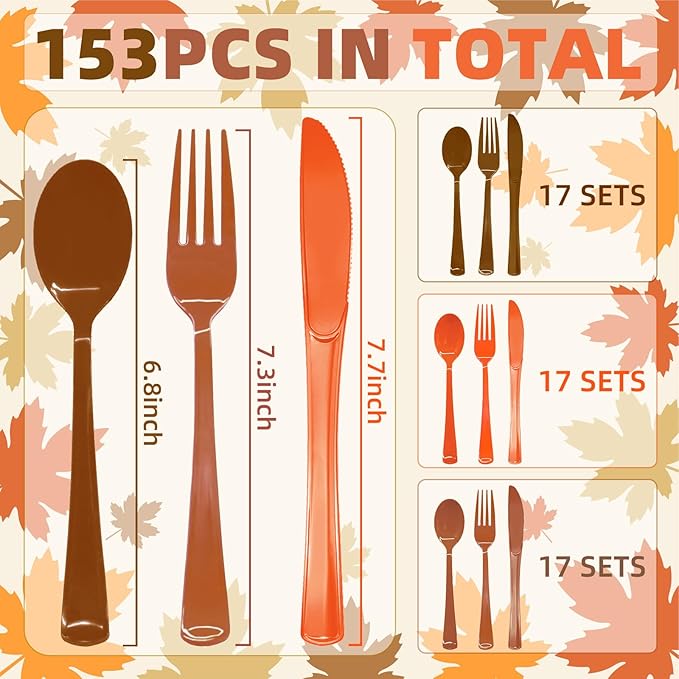 153PCS Fall Plastic Cutlery, Thanksgiving Plastic Silverware Heavy Duty Disposable Cutlery Set Includes Spoons Forks Knives for Thanksgiving Fall Party