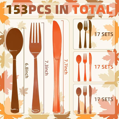 153PCS Fall Plastic Cutlery, Thanksgiving Plastic Silverware Heavy Duty Disposable Cutlery Set Includes Spoons Forks Knives for Thanksgiving Fall Party