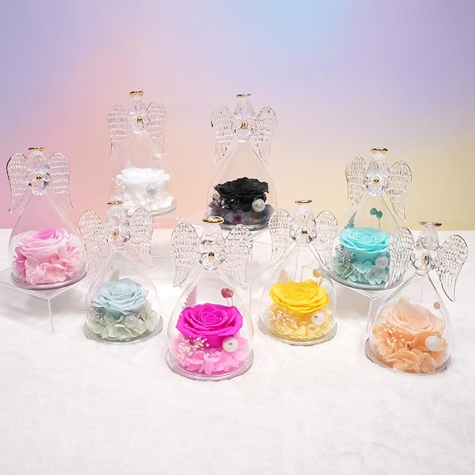 Miofula Preserved Flower Rose Birthday Gifts for Mom, Angel Figurines with Forever Real Rose Gifts for Her Mom Grandma, Angels Gifts for Mothers Day Christmas Anniversary Thanksgiving Birthday Gifts