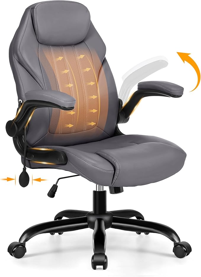 Office Desk Chair, Ergonomic Computer Chair with Padded Flip-Up Arms and Adjustable Lumbar Support, PU Leather Executive Chair with Tilt Lock and 360° Swivel Rolling Wheels for Work, Study