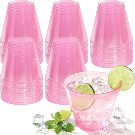 150 Pack Plastic Cups 9 oz Pink Clear Plastic Cups for Cocktail Fancy Disposable Cup for Party Stemless Wine Glasses for Wedding Thanksgiving Christmas Party Graduation