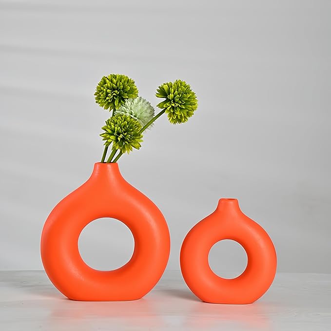 Modern Donut-Shaped Decorative Vases, Handmade Minimalist Boho ins Style, Modern Vase for Home Decor for Wedding Dinner Table Party Living Room Office Bedroom (Orange, Large + Small)
