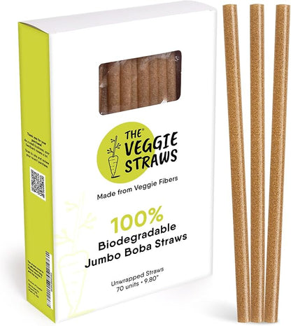 – 70 PCS of 9.80 Inches Unwrapped Biodegradable Jumbo Boba Straws – Made of Vegetable Fibers, Best Environment Friendly Drinking Straws for Hot and Cold Beverages