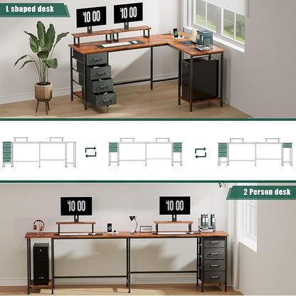 59 inch L Shaped Computer Desk with Power Outlets, Home Office Desk with 4 Adjustable Storage Drawers & 2 Monitor Stands, Two Person Gaming Table for Bedroom, Rustic Brown