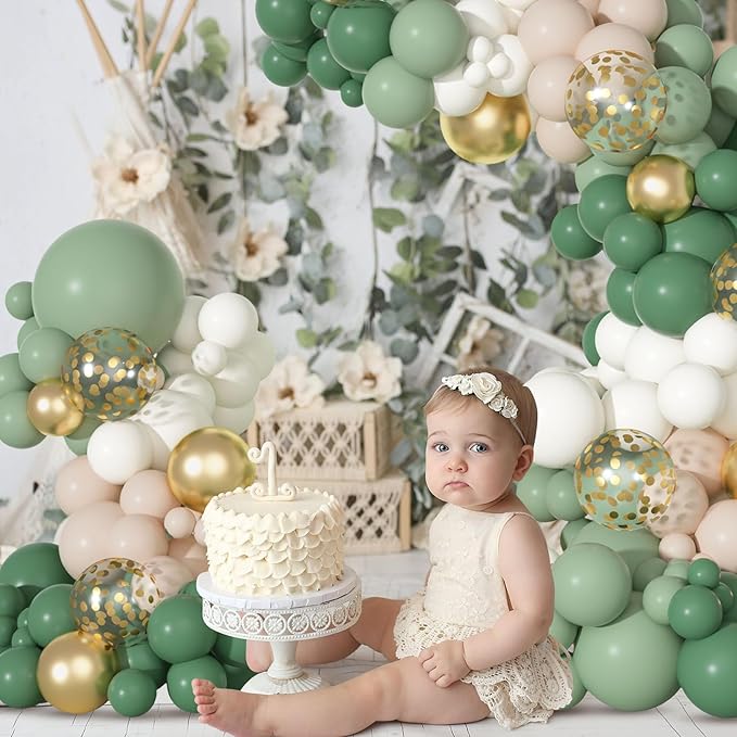 Ouddy Party Sage Green Balloons Arch Garland Kit, Different Sizes 18 12 10 5 inch Sage Green Gold Sand White Olive Latex Metallic Confetti Balloon for Baby Shower Safari Birthday Party Decorations