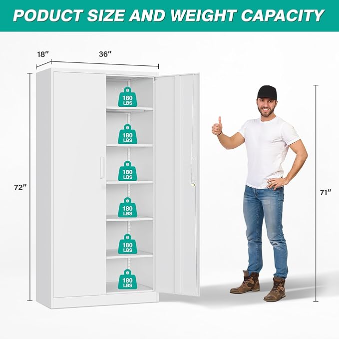Wide & Deep Metal Storage Cabinet with 2 Doors and 5 Adjustable Shelves,White Locking Metal Cabinet,Large Garage Storage Cabinets,Lockable Tall Pantry Cabinets for Home,Office,Garage,Shop 72x36x18