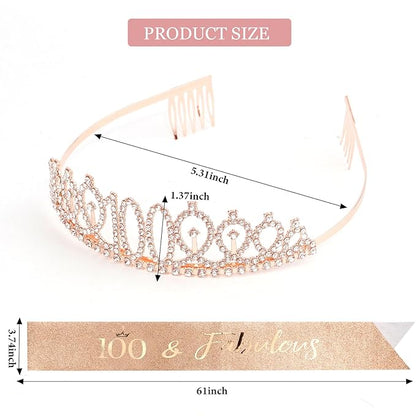 CIEHER 100th Birthday Crown + 100 & Fabulous Birthday Sash + Pearl Pin Set, 100th Birthday Gifts for Women Friends 100th Birthday Decorations Women Happy 100th Birthday Party Supplies