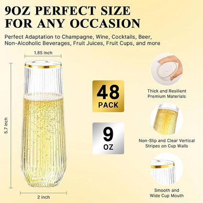 Goodluck 48pack Clear Stemless Plastic Champagne Flutes with Gold Rim，9oz Ribbed Stemless Toasting Glasses，Champagne Flutes Plastic for Weddings, Bars, Events, Party And Celebrations
