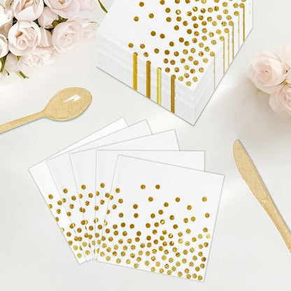 100 Pcs 6.5x6.5 Inch Disposable White Gold Paper Napkins for Cocktail