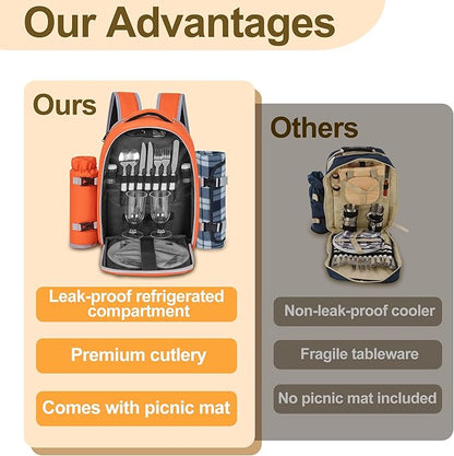 Picnic Backpack for 2 Persons with Insulated Leakproof Cooler Compartment, Cutlery Sets, Wine Holder, Fleece Blanket, Wedding Gifts for Couples, Perfect for Beach, Camping, Hiking, Orange