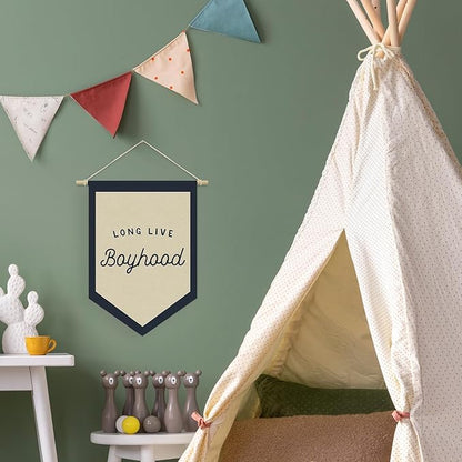 Boys Room Decor, Long Live Boyhood Linen Canvas Banner, Boy Nursery Wall Hanging Pennant Flag Banner for Boys Kids Toddler Room Bedroom Playroom Decor, 15x11in - Navy Blue