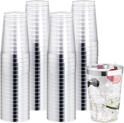 I00000 50 Pack 12 oz Silver Plastic Cups, Silver Rimmed Disposable Cups, Party Wine Glasses Disposable Cocktail Glasses Heavy Duty Cups with Silver Rim, 12 Ounce Plastic Tumblers For Party