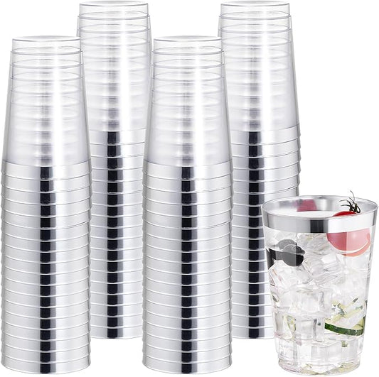 I00000 50 Pack 12 oz Silver Plastic Cups, Silver Rimmed Disposable Cups, Party Wine Glasses Disposable Cocktail Glasses Heavy Duty Cups with Silver Rim, 12 Ounce Plastic Tumblers For Party