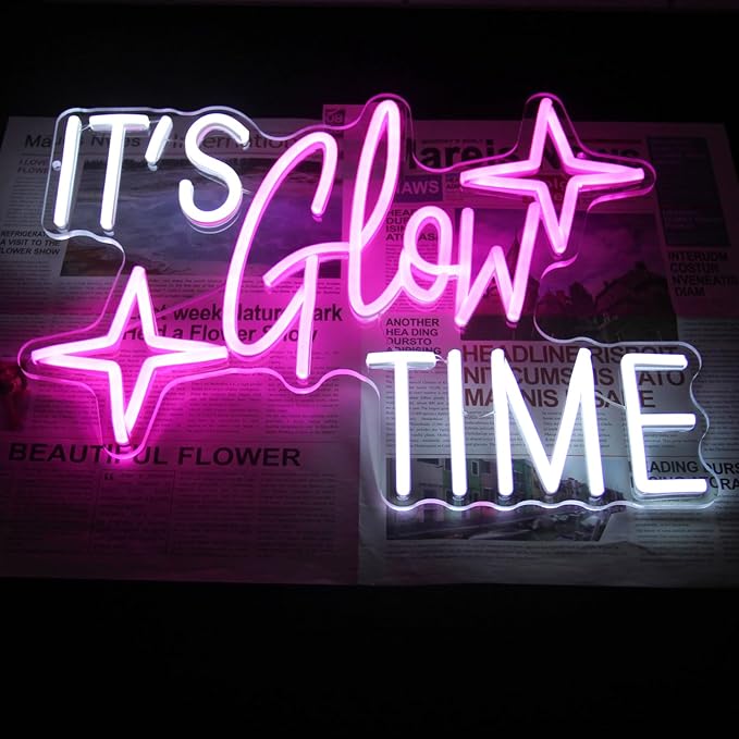 It's Glow Time Neon Sign Party Decorations Pink White Letter Neon Light Star LED Sign for Wall Celebrate Party Neon Signs for Bedroom Thanksgiving Christmas New Year Bar Decor Girl Gifts