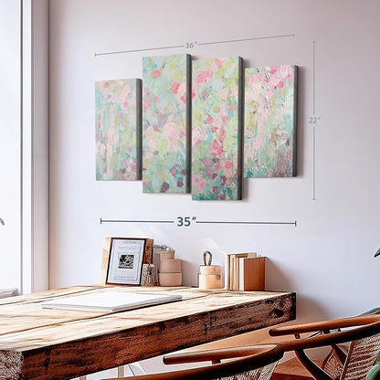Elephant Stock Dancing Sakura Tree Wall Art - Horizontal Canvas - 4-Piece Living Room Wall Decor - Painting Abstract Canvas Print - Pink and Blue Decor for Wall by Ann Marie Coolick - 36" X 22"